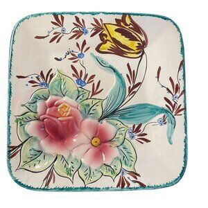 Vintage Italian Hand Painted Ceramic Floral Square Plate Platter u
